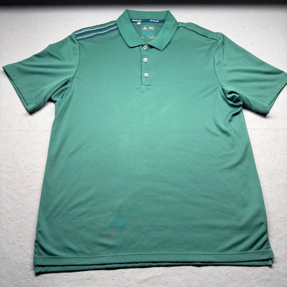Adidas Polo Shirt Mens Large Green Climacool Golf Short Sleeve 3-Stripe Sport
